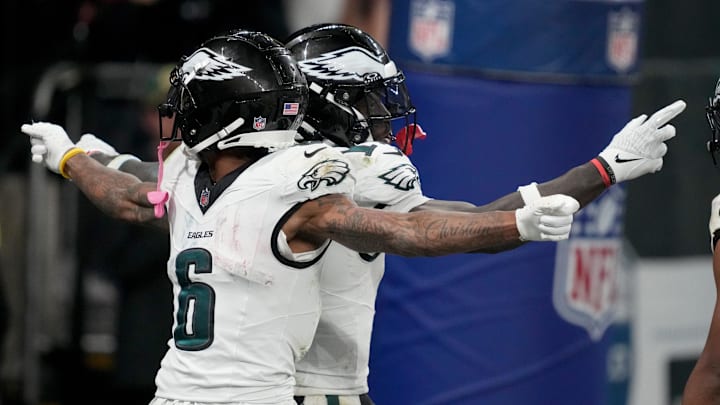 Sep 6, 2024; Sao Paulo, BRA; Philadelphia Eagles wide receiver A.J. Brown (11) celebrates after a touchdown with wide receiver DeVonta Smith (6) during the second half against the Green Bay Packers at Neo Quimica Arena. Mandatory Credit: Kirby Lee-Imagn Images