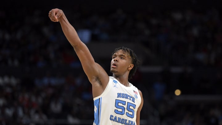 Mar 28, 2024; Los Angeles, CA, USA; North Carolina Tar Heels forward Harrison Ingram (55) reacts in the first half against the Alabama Crimson Tide in the semifinals of the West Regional of the 2024 NCAA Tournament at Crypto.com Arena. Mandatory Credit: Jayne Kamin-Oncea-USA TODAY Sports