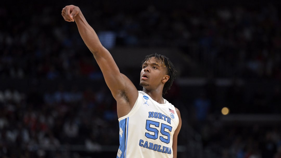 Mar 28, 2024; Los Angeles, CA, USA; North Carolina Tar Heels forward Harrison Ingram (55) reacts in the first half against the Alabama Crimson Tide in the semifinals of the West Regional of the 2024 NCAA Tournament at Crypto.com Arena. Mandatory Credit: Jayne Kamin-Oncea-USA TODAY Sports