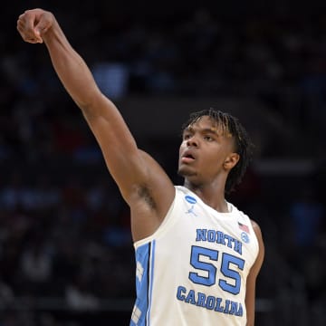 Mar 28, 2024; Los Angeles, CA, USA; North Carolina Tar Heels forward Harrison Ingram (55) reacts in the first half against the Alabama Crimson Tide in the semifinals of the West Regional of the 2024 NCAA Tournament at Crypto.com Arena. Mandatory Credit: Jayne Kamin-Oncea-USA TODAY Sports