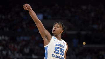 Mar 28, 2024; Los Angeles, CA, USA; North Carolina Tar Heels forward Harrison Ingram (55) reacts in the first half against the Alabama Crimson Tide in the semifinals of the West Regional of the 2024 NCAA Tournament at Crypto.com Arena. Mandatory Credit: Jayne Kamin-Oncea-USA TODAY Sports