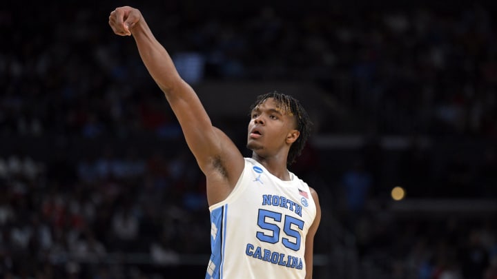 Mar 28, 2024; Los Angeles, CA, USA; North Carolina Tar Heels forward Harrison Ingram (55) reacts in the first half against the Alabama Crimson Tide in the semifinals of the West Regional of the 2024 NCAA Tournament at Crypto.com Arena. 