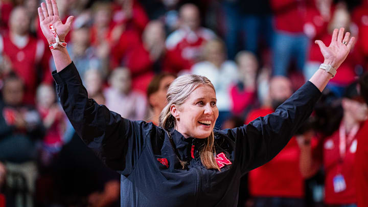 Jan 30, 2025; Lincoln, Nebraska, USA; Nebraska Cornhuskers volleyball head coach Dani Busboom Kelly is introduced during a break in the first half against the Illinois Fighting Illini at Pinnacle Bank Arena. Jan 30, 2025; Lincoln, Nebraska, USA; Nebraska Cornhuskers volleyball head coach Dani Busboom Kelly is introduced during a break in the first half against the Illinois Fighting Illini at Pinnacle Bank Arena.