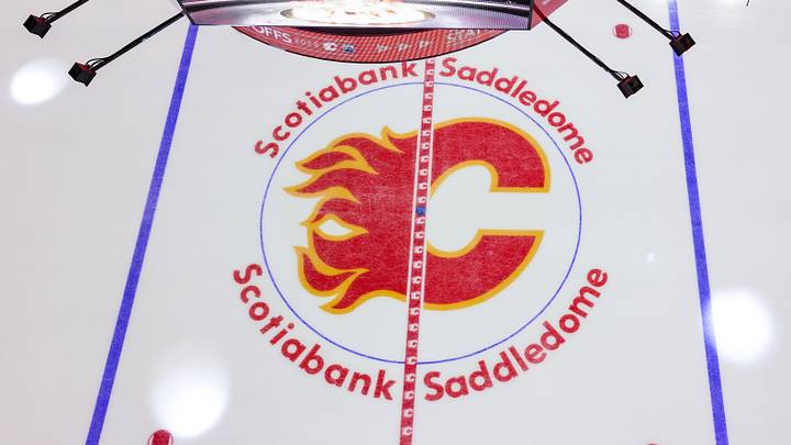 May 18, 2022; Calgary, Alberta, CAN; General view of the Calgary Flames logo on the ice prior to the game between the Calgary Flames and the Edmonton Oilers in game one of the second round of the 2022 Stanley Cup Playoffs at Scotiabank Saddledome. Mandatory Credit: Sergei Belski-Imagn Images