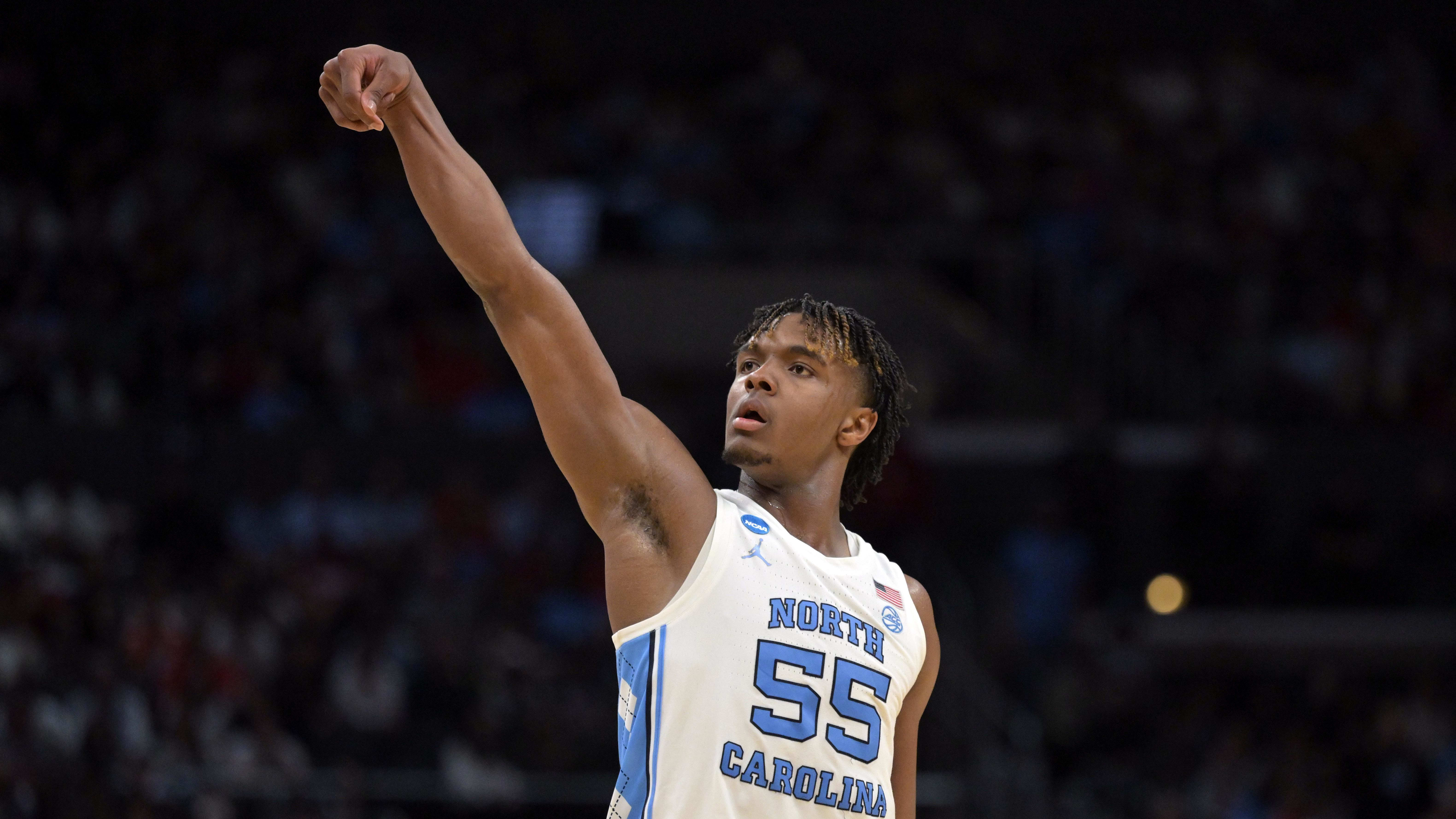 Mar 28, 2024; Los Angeles, CA, USA; North Carolina Tar Heels forward Harrison Ingram (55) reacts in