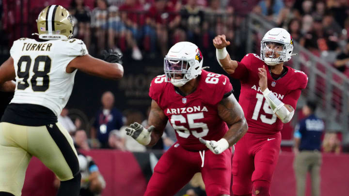 Cardinals quarterback Desmond Ridder (19) throws a pass against the Saints during a game at State Farm Stadium in Glendale, Ariz., on Saturday, Aug. 10, 2024.