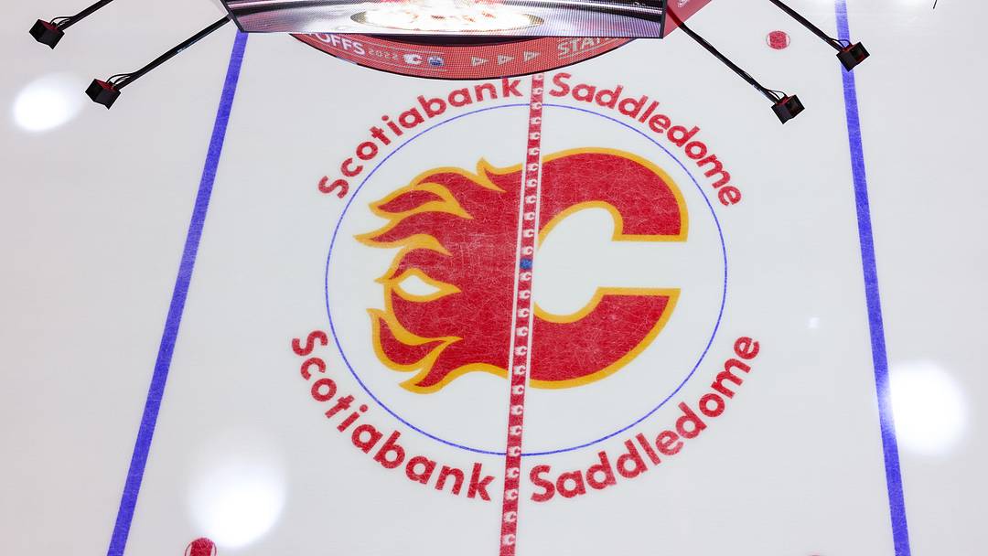 May 18, 2022; Calgary, Alberta, CAN; General view of the Calgary Flames logo on the ice prior to the game between the Calgary Flames and the Edmonton Oilers in game one of the second round of the 2022 Stanley Cup Playoffs at Scotiabank Saddledome. Mandatory Credit: Sergei Belski-Imagn Images