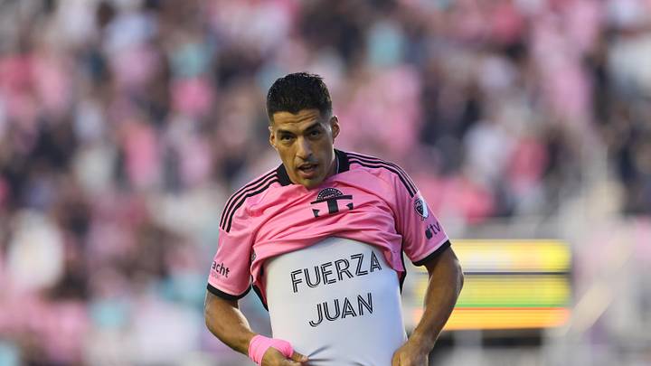 Aug 24, 2024; Fort Lauderdale, Florida, USA; Inter Miami forward Luis Suarez (9) celebrates a goal in the first half against the FC Cincinnati at Chase Stadium. Mandatory Credit: Sam Navarro-USA TODAY Sports