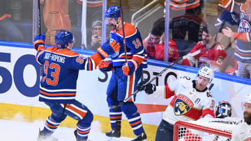 Edmonton Oilers left wing Zach Hyman (18) celebrates a goal.