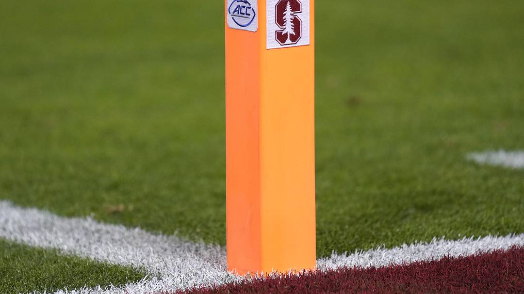 Oct 19, 2024; Stanford, California, USA; A goal line pylon displays the Stanford Cardinal and Atlantic Coast Conference logos during the fourth quarter against the Southern Methodist Mustangs at Stanford Stadium. Mandatory Credit: Darren Yamashita-Imagn Images