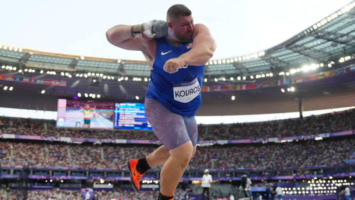 Joe Kovacs of Team USA throws the shot put at the 2024 Paris Olympics.