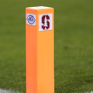Oct 19, 2024; Stanford, California, USA; A goal line pylon displays the Stanford Cardinal and Atlantic Coast Conference logos during the fourth quarter against the Southern Methodist Mustangs at Stanford Stadium. Mandatory Credit: Darren Yamashita-Imagn Images