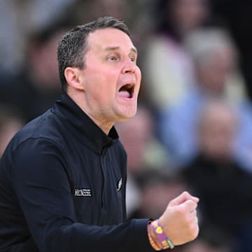 Mar 22, 2025; Providence, RI, USA; McNeese State Cowboys head coach Will Wade during the first half of a second round men’s NCAA Tournament game against the Purdue Boilermakers at Amica Mutual Pavilion. Mandatory Credit: Brian Fluharty-Imagn Images