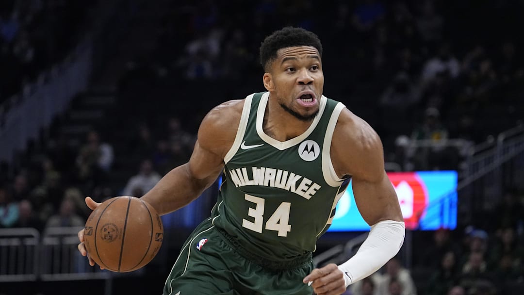Dec 3, 2025; Milwaukee, Wisconsin, USA; Milwaukee Bucks forward Giannis Antetokounmpo (34) drives to the basket in the first half against the Detroit Pistons at Fiserv Forum. Mandatory Credit: Michael McLoone-Imagn Images