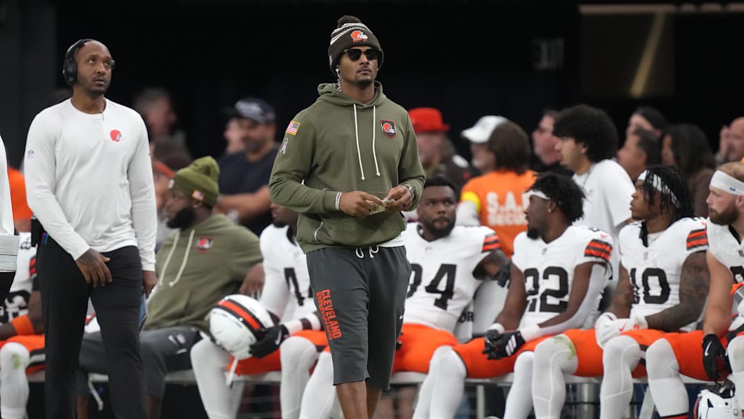 Nov 23, 2025; Paradise, Nevada, USA; Cleveland Browns quarterback Deshaun Watson (4) looks on in the first half against the Las Vegas Raiders at Allegiant Stadium. Mandatory Credit: Kirby Lee-Imagn Images