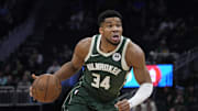 Dec 3, 2025; Milwaukee, Wisconsin, USA; Milwaukee Bucks forward Giannis Antetokounmpo (34) drives to the basket in the first half against the Detroit Pistons at Fiserv Forum. Mandatory Credit: Michael McLoone-Imagn Images