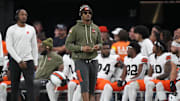 Nov 23, 2025; Paradise, Nevada, USA; Cleveland Browns quarterback Deshaun Watson (4) looks on in the first half against the Las Vegas Raiders at Allegiant Stadium. Mandatory Credit: Kirby Lee-Imagn Images