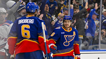 Dec 15, 2024; St. Louis, Missouri, USA;  St. Louis Blues center Robert Thomas (18) celebrates with defenseman Philip Broberg (6) after scoring against the New York Rangers during the second period at Enterprise Center. Mandatory Credit: Jeff Curry-Imagn Images