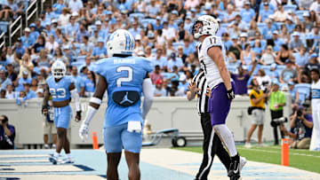 Sep 21, 2024; Chapel Hill, North Carolina, USA; James Madison Dukes tight end Taylor Thompson (17) reacts after catching a touchdown pass in the second quarter at Kenan Memorial Stadium. Mandatory Credit: Bob Donnan-Imagn Images