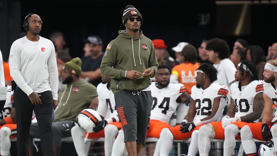 Nov 23, 2025; Paradise, Nevada, USA; Cleveland Browns quarterback Deshaun Watson (4) looks on in the first half against the Las Vegas Raiders at Allegiant Stadium. Mandatory Credit: Kirby Lee-Imagn Images