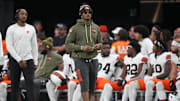 Nov 23, 2025; Paradise, Nevada, USA; Cleveland Browns quarterback Deshaun Watson (4) looks on in the first half against the Las Vegas Raiders at Allegiant Stadium. Mandatory Credit: Kirby Lee-Imagn Images