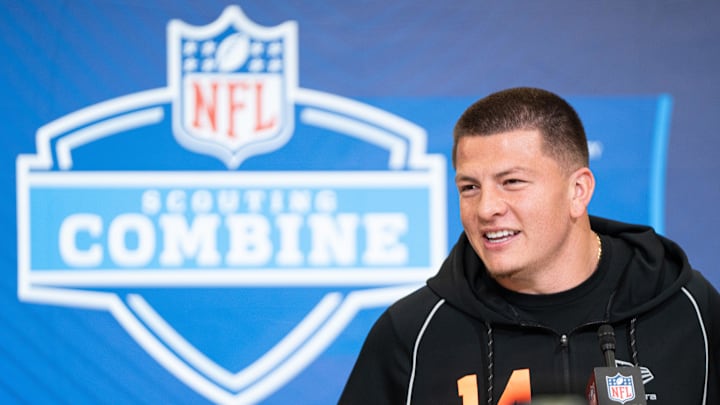 Feb 27, 2026; Indianapolis, IN, USA; Vanderbilt quarterback Diego Pavia (QB14) speaks to members of the media during the NFL Combine at the Indiana Convention Center. Mandatory Credit: Jacob Musselman-Imagn Images