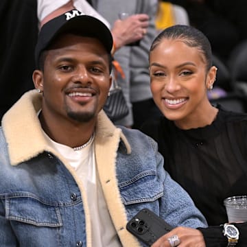 Apr 7, 2024; Los Angeles, California, USA;  Cleveland Browns quarterback Deshaun Watson and girlfriend Jilly Anais attend the game between the Los Angeles Lakers and the Minnesota Timberwolves at Crypto.com Arena. Mandatory Credit: Jayne Kamin-Oncea-Imagn Images