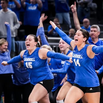 The Carroll Chargers celebrate on Saturday, Nov. 8, 2025, after beating Plainfield, 3-0, to win the Class 4A girls volleyball state championship at Gainbridge Fieldhouse in Indianapolis. Carroll is No. 3 in the High School on SI Top 25 Girls Volleyball National Rankings.