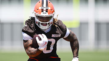 May 9, 2025; Berea, OH, USA; Cleveland Browns running back Quinshon Judkins (10) runs with the ball during rookie minicamp at CrossCountry Mortgage Campus. Mandatory Credit: Ken Blaze-Imagn Images