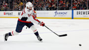 Mar 11, 2025; Anaheim, California, USA; Washington Capitals defenseman Trevor van Riemsdyk (57) shoots during the first period Anaheim Ducksa at Honda Center. Mandatory Credit: Jason Parkhurst-Imagn Images