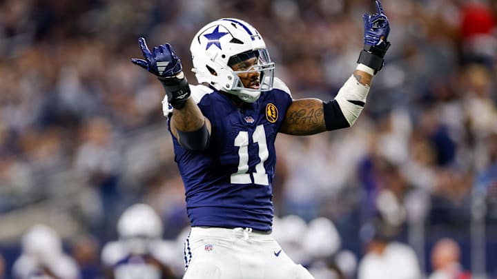 Nov 28, 2024; Arlington, Texas, USA; Dallas Cowboys linebacker Micah Parsons (11) celebrates after a sack during the third quarter against the New York Giants at AT&T Stadium. Mandatory Credit: Andrew Dieb-Imagn Images
