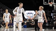 Mar 7, 2025; Kansas City, MO, USA; TCU Horned Frogs center Sedona Prince (13) and guard Hailey Van Lith (10) high five during the third quarter against the Colorado Buffaloes at T-Mobile Center. Mandatory Credit: Amy Kontras-Imagn Images
