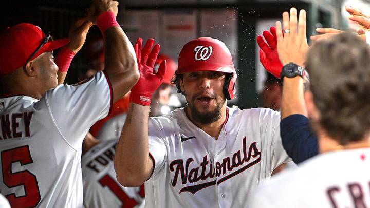Sep 1, 2026; Washington, District of Columbia, USA; Washington Nationals designated hitter Yohandy Morales (28) is congratulated by teammates after hitting a solo home run against the Atlanta Braves during the third inning at Nationals Park. Mandatory Credit: Brad Mills-Imagn Images