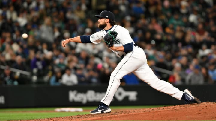 Apr 15, 2023; Seattle, Washington, USA; Seattle Mariners relief pitcher Penn Murfee (56) pitches to the Colorado Rockies during the seventh inning at T-Mobile Park.