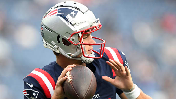 Aug 15, 2024; Foxborough, Massachusetts, USA; New England Patriots quarterback Drake Maye (10) throws the ball before a game against the Philadelphia Eagles at Gillette Stadium. Mandatory Credit: Brian Fluharty-USA TODAY Sports