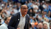 Feb 8, 2025; Chapel Hill, North Carolina, USA;  North Carolina Tar Heels head coach Hubert Davis reacts in the first half at Dean E. Smith Center. Mandatory Credit: Bob Donnan-Imagn Images