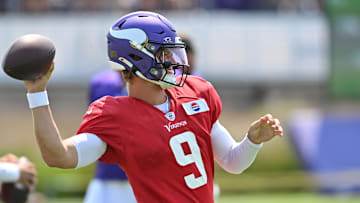 Aug 3, 2024; Eagan, MN, USA; Minnesota Vikings quarterback J.J. McCarthy (9) warms up during practice at Vikings training camp in Eagan, MN. Mandatory Credit: Jeffrey Becker-USA TODAY Sports