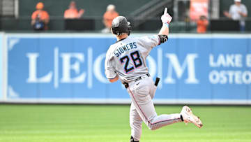 Baltimore, Maryland, USA; Miami Marlins left fielder Kyle Stowers (28) rounds the bases on a two-run home run during the fifth inning against the Baltimore Orioles at Oriole Park at Camden Yards.