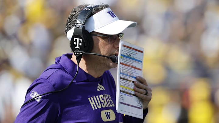 Oct 18, 2025; Ann Arbor, Michigan, USA;  Washington Huskies head coach Jedd Fisch on the sideline in the first half against the Michigan Wolverines at Michigan Stadium. Mandatory Credit: Rick Osentoski-Imagn Images