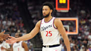 Apr 11, 2025; Sacramento, California, USA; Los Angeles Clippers guard Ben Simmons (25) at the end of the first quarter against the Sacramento Kings at Golden 1 Center. Mandatory Credit: Darren Yamashita-Imagn Images