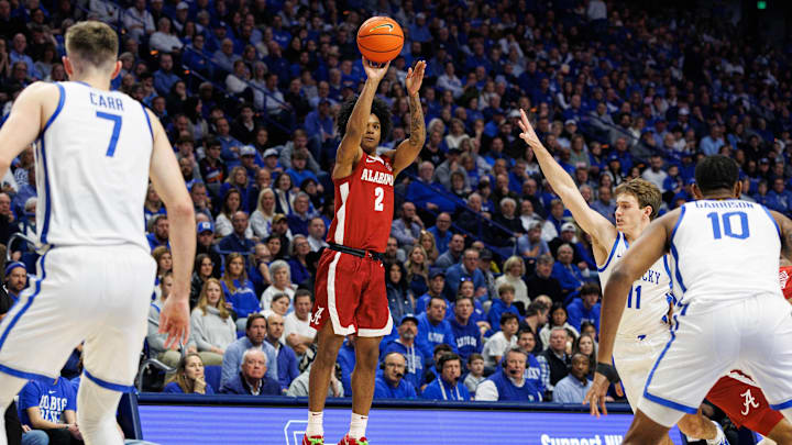 Jan 18, 2025; Lexington, Kentucky, USA; Alabama Crimson Tide guard Aden Holloway (2) shoots the ball during the first half against the Kentucky Wildcats at Rupp Arena at Central Bank Center. Mandatory Credit: Jordan Prather-Imagn Images