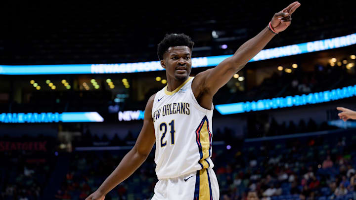 Oct 7, 2024; New Orleans, Louisiana, USA; New Orleans Pelicans center Yves Missi (21) reacts against the Orlando Magic at Smoothie King Center. Mandatory Credit: Matthew Hinton-Imagn Images