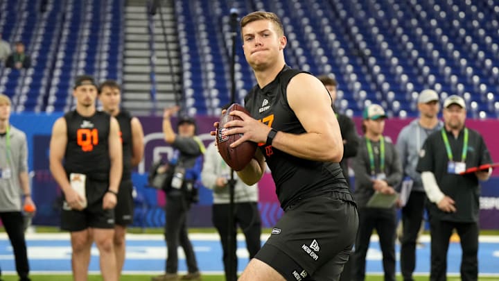 Mar 1, 2025; Indianapolis, IN, USA; Ohio State quarterback Will Howard (QB07) during the 2025 NFL Combine at Lucas Oil Stadium. Mandatory Credit: Kirby Lee-Imagn Images