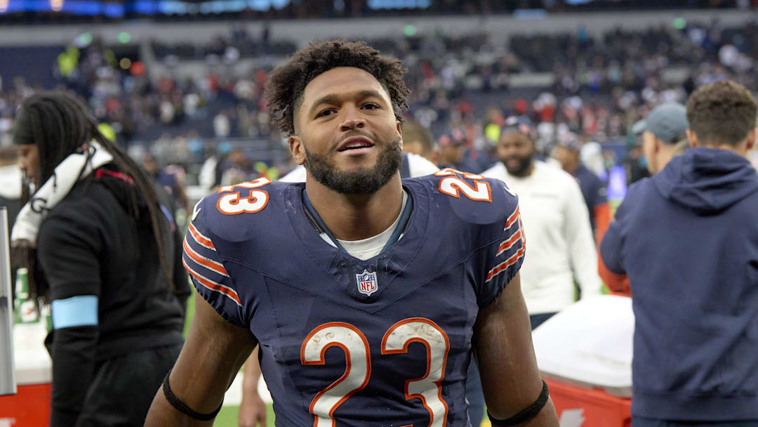 Oct 13, 2024; London, United Kingdom; Chicago Bears running back Roschon Johnson (23) after an NFL International Series game at Tottenham Hotspur Stadium. Mandatory Credit: Peter van den Berg-Imagn Images
