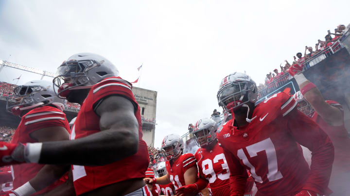 August 31, 2024; Columbus, Ohio, USA;
Ohio State Buckeyes football players take the field for Saturday’s NCAA Division I football game against the Akron Zips at Ohio Stadium.