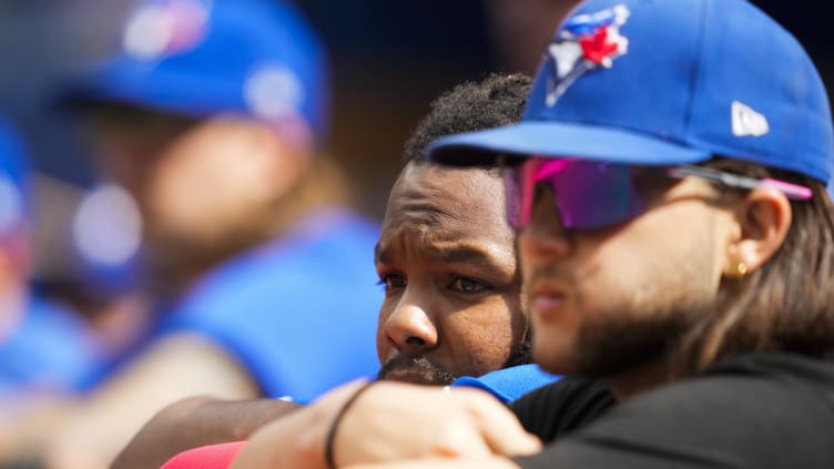 AUGUST 13, 2023: Vladimir Guerrero Jr. and Bo Bichette of the Toronto Blue Jays look on at Rogers Centre in Toronto, Ontario, Canada. 