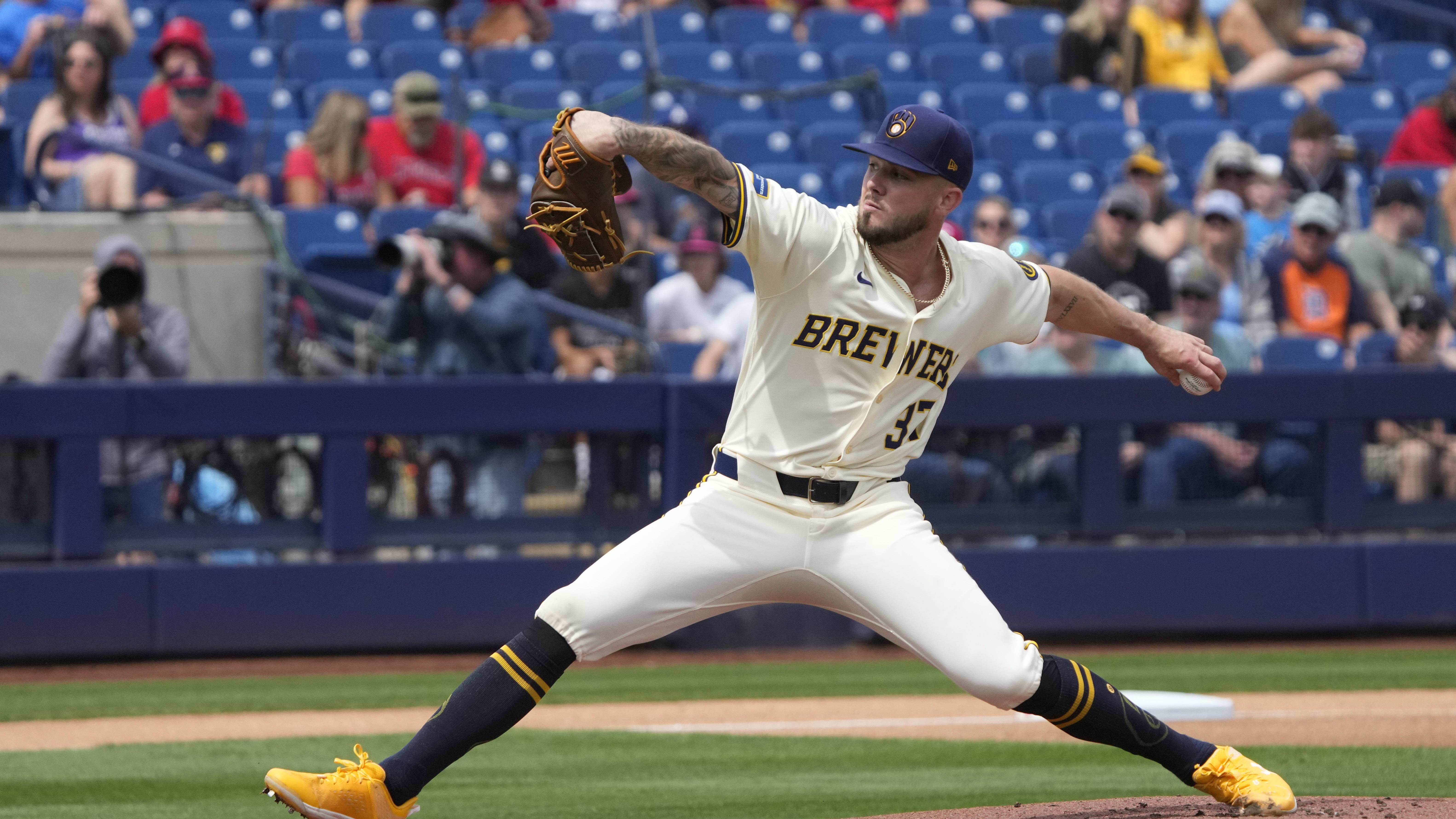 Mar 18, 2024; Phoenix, Arizona, USA; Milwaukee Brewers pitcher DL Hall (37) faces the Los Angeles Angels in Spring Training.