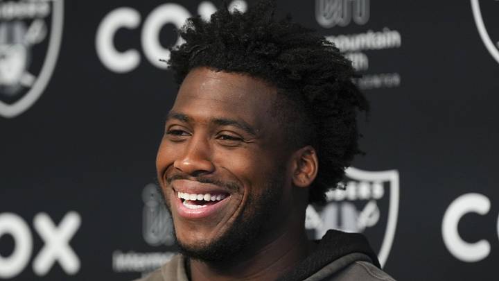 Las Vegas Raiders defensive end Malcolm Koonce speaks during a news conference during organized team activities.