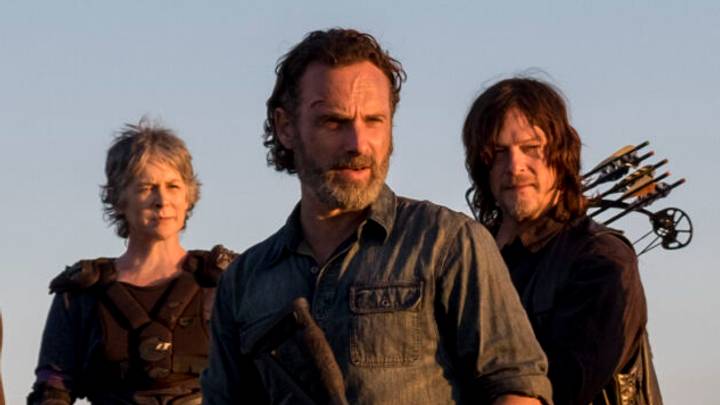 Melissa McBride as Carol Peletier, Andrew Lincoln as Rick Grimes, Norman Reedus as Daryl Dixon in The Walking Dead Season 8, Episode 16 
