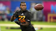 Mar 1, 2025; Indianapolis, IN, USA; UCF wideout Kobe Hudson (WO22) during the 2025 NFL Combine at Lucas Oil Stadium. Mandatory Credit: Kirby Lee-Imagn Images